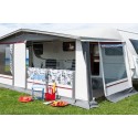 The front wall can be rolled down halfway or completely to form a porch.