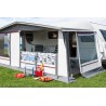 The front wall can be rolled down halfway or completely to form a porch.